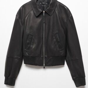 Mango Black Leather Bomber Jacket with Zip Front
